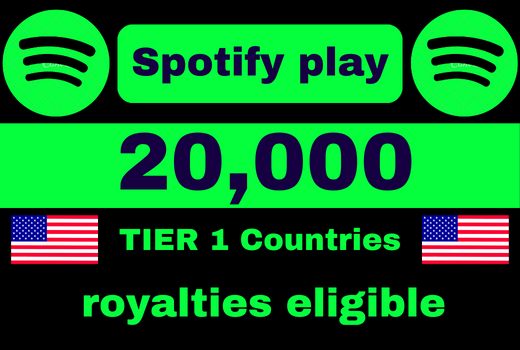 Provide 20,000 Spotify Plays , high quality, royalties eligible, TIER 1 countries, active user, non-drop, and lifetime guaranteed