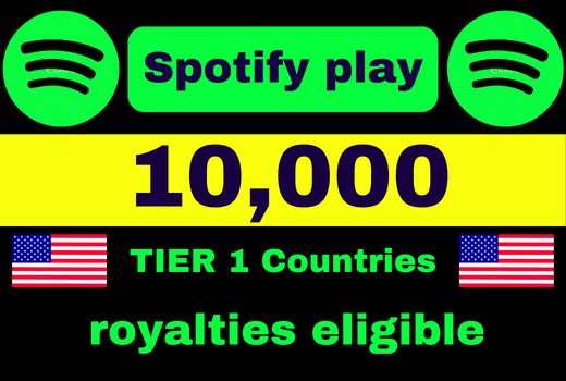 Get 10,000 Spotify Plays USA, high quality, royalties eligible, TIER 1 countries, active user, non-drop, and lifetime guaranteed