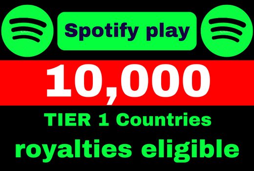 provide 10,000 Spotify Plays from TIER 1 countries, Real and active users, and Royalties Eligible, permanent guaranteed