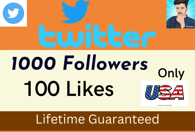 Get USA Targeted 1000+ High Quality Twitter Followers & 100+ Post Likes, Lifetime Guaranteed.