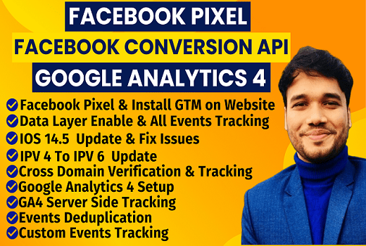 I will setup Facebook pixel Facebook Conversion API google analytics 4 google ads tracking TikTok pixel for shopify WordPress