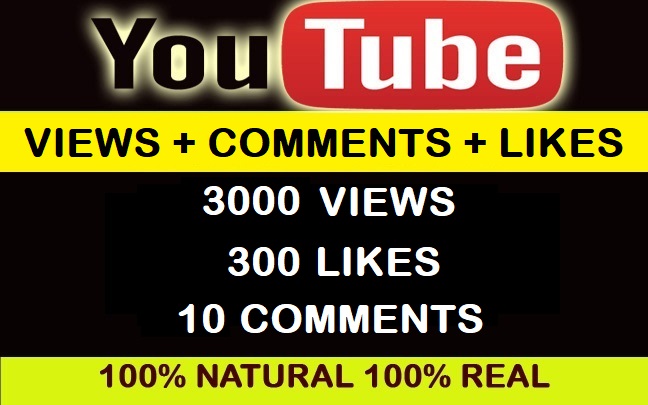 3000 H.Q Youtube Video Views + 300 likes + 10 comments.
lifetime guarantee
