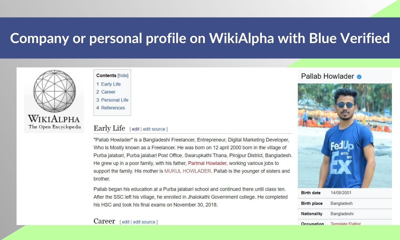 Company or personal profile on WikiAlpha with Blue Verified