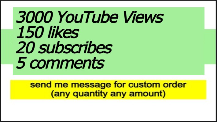 3000 YouTube Video Views 150 likes 20 subscribes 5 comments