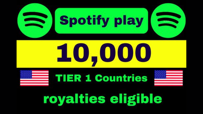 12027provide 20,000 to 22,000 Spotify USA Plays from TIER 1 countries, Real and active users, and Royalties Eligible permanent guaranteed