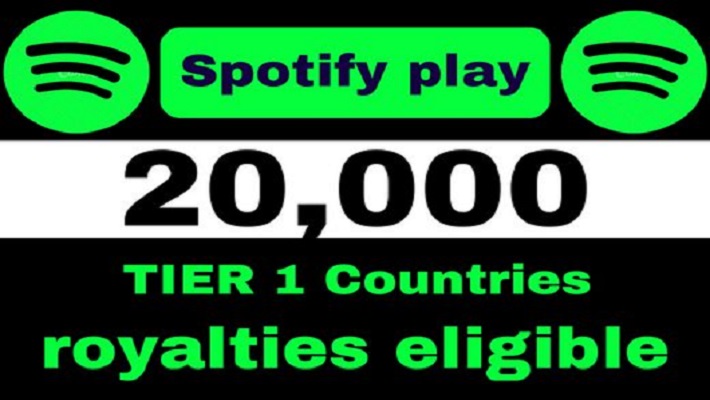 7661provide 50,000 to 55,000 Spotify USA Plays from TIER 1 countries, Real and active users, and Royalties Eligible permanent guaranteed