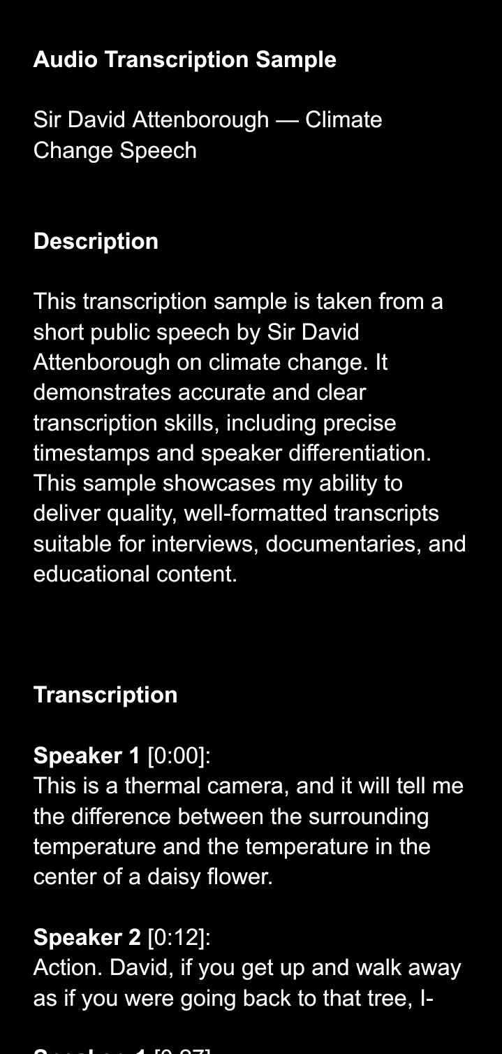 288285I will transcribe up to 15 minutes of clear English audio or video accurately and fast