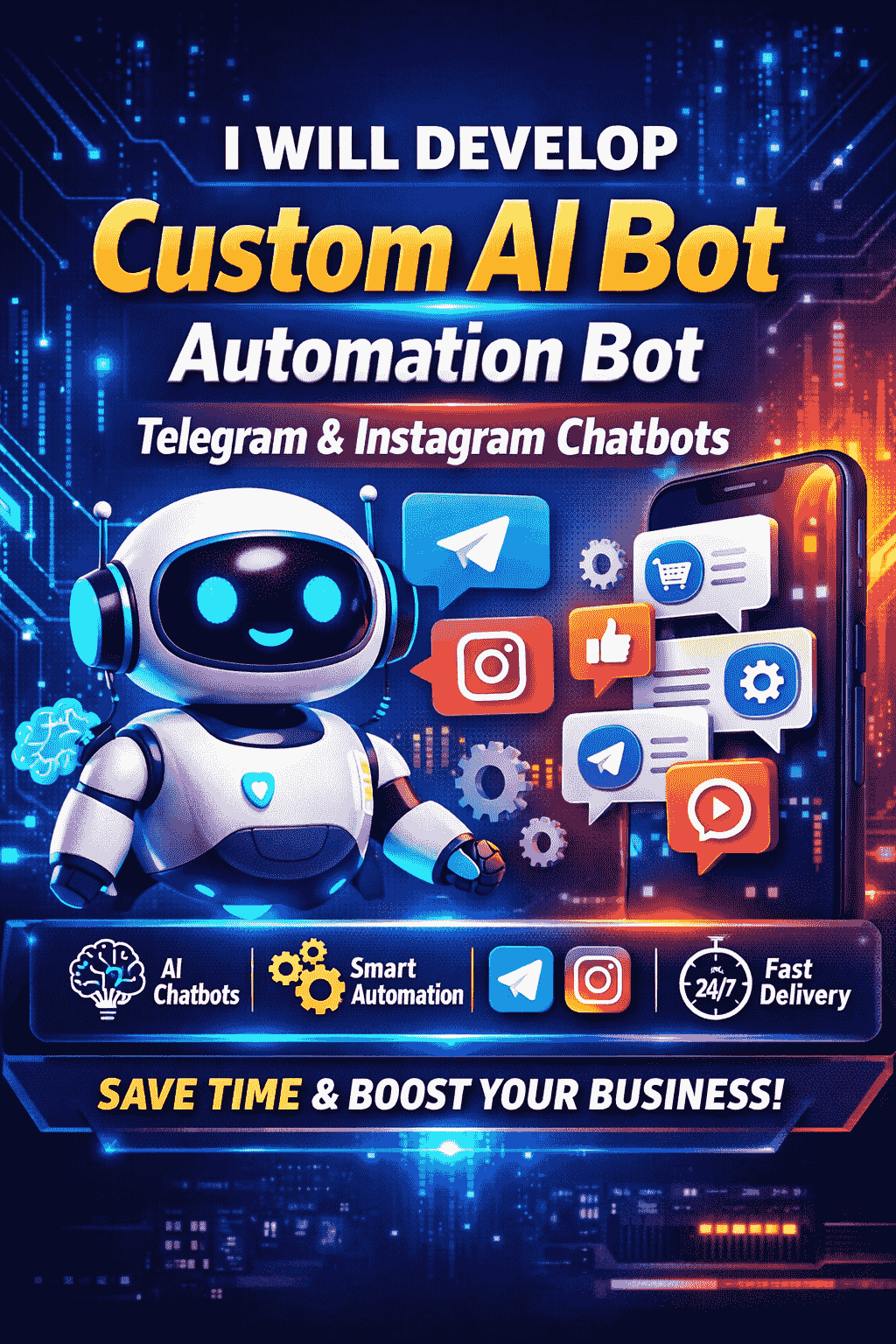 459326I will develop Custom AI bot, Automation bot, telegram bot, instagram chat bot