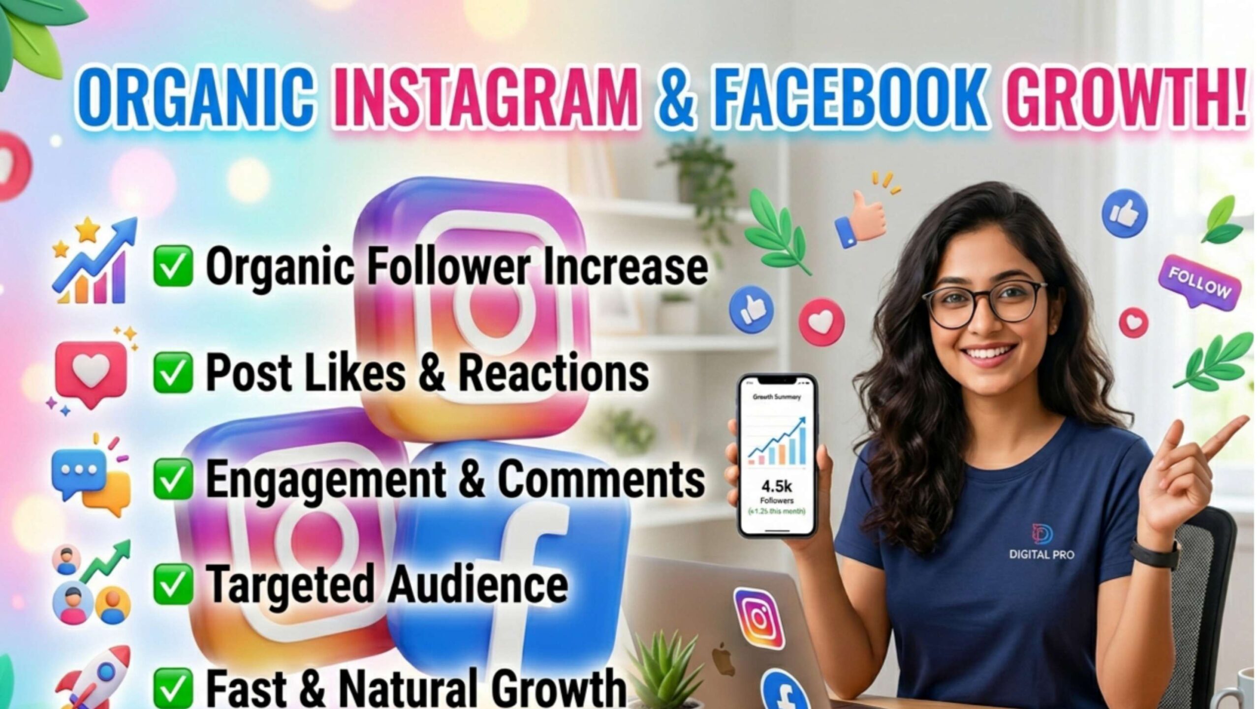 502569​I will provide Organic Instagram and Facebook Growth, Followers, Likes and Engagement 1k.Followers,500,Likes. And 300,view