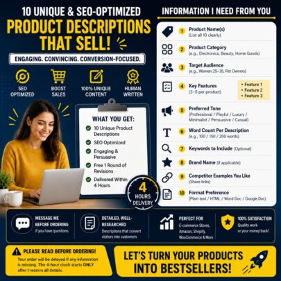 510387I'll Write 10 AI-Optimized Product Descriptions in 4 Hours